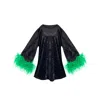 Toma Women's Black / Green Jess Mini Little Black Velvet Dress Green Feathers In Multi