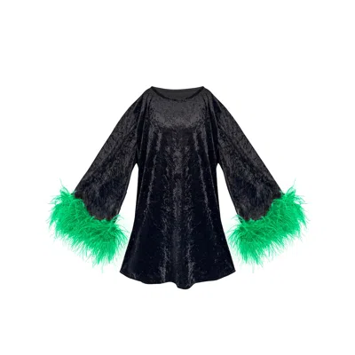 Toma Women's Black / Green Jess Mini Little Black Velvet Dress Green Feathers In Multi