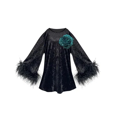 Toma Women's Black / Green Jess Mini Little Black Velvet Dress Green Flower In Multi