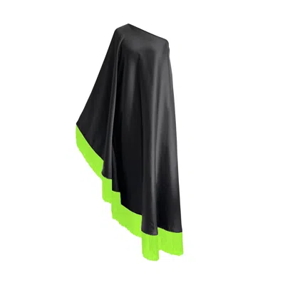 Toma Women's Black / Green Neon Green Fringe Off Shoulder Midi Black Dress