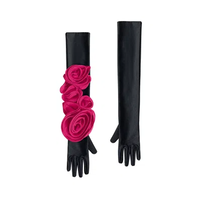 Toma Women's Black / Pink Chic Black Gloves With Pink Roses In Multi