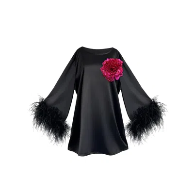 Toma Women's Black / Pink Jess Mini Little Black Party Dress With Fuchsia Sequin Flower In Multi