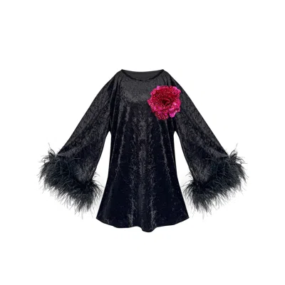 Toma Women's Black / Pink Jess Mini Little Black Velvet Dress Fuchsia Flower In Multi