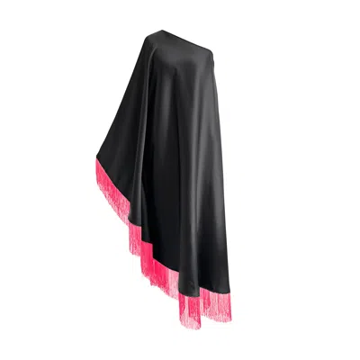 Toma Women's Black / Pink Neon Pink Fringe Off Shoulder Midi Black Dress