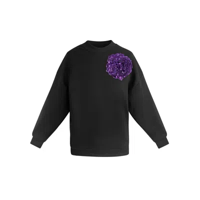 Toma Women's Black / Purple Black Sweatshirt With Top Side Bright Purple Sequin Rose