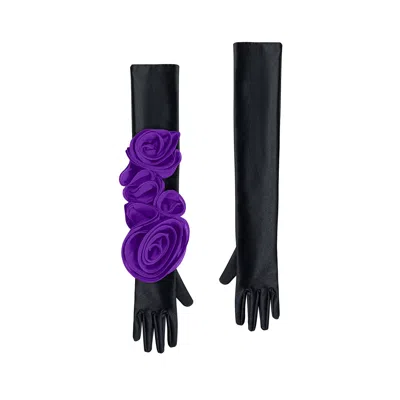 Toma Women's Black / Purple Chic Black Gloves With Purple Roses In Multi
