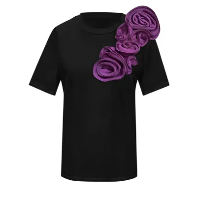 Toma Women's Black / Purple Flower Sided Purple Roses Black Cotton T-shirt In Multi