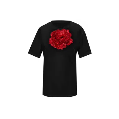 Toma Women's Black / Red Flower Summer Black Cotton T-shirt With Red Central Sequin Rose