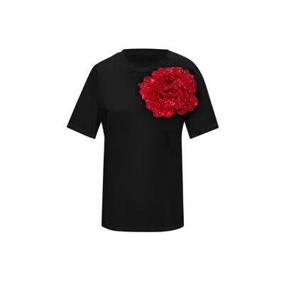 Toma Women's Black / Red Flower Summer Black Cotton T-shirt With Red Sequin Rose