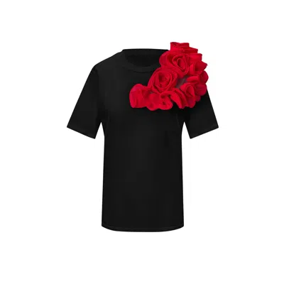 Toma Women's Black / Red Flower Summer Black Cotton T-shirt With Red Side Flowers