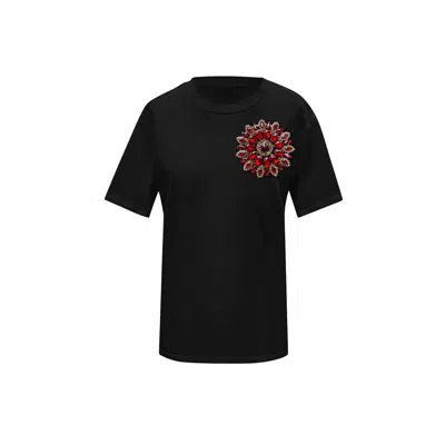 Toma Women's Black / Red Flower Summer Black Cotton T-shirt With Red Swarovski Crystals In Multi