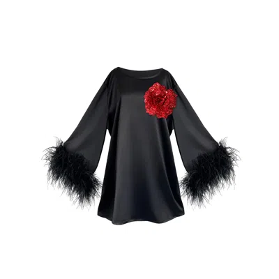 TOMA WOMEN'S BLACK / RED JESS MINI LITTLE BLACK PARTY DRESS WITH RED SEQUIN FLOWER