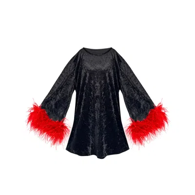 Toma Women's Black / Red Jess Mini Little Black Velvet Dress Red Feathers