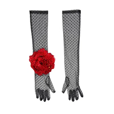 Toma Women's Black / Red Long Black Flamenco Elegant Gloves With Sequin Rose