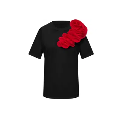 Toma Women's Black / Red Red Flower Summer Black Cotton T-shirt