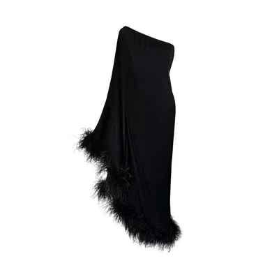 Toma Women's Black Star One Shoulder Silk Satin Feathers Dress