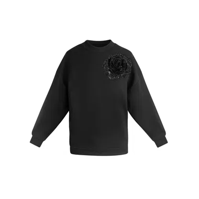 Toma Women's Black Sweatshirt With Top Side Black Sequin Rose