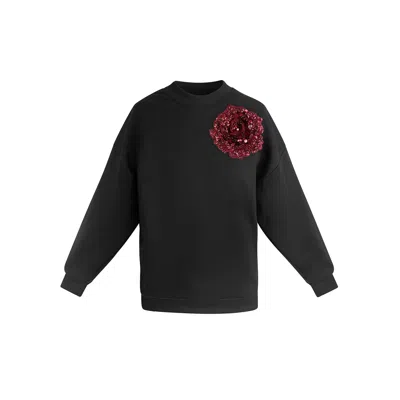 Toma Women's Black Sweatshirt With Top Side Burgundy Sequin Rose