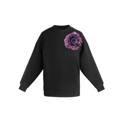 Toma Women's Black Sweatshirt With Top Side Wine Sequin Rose