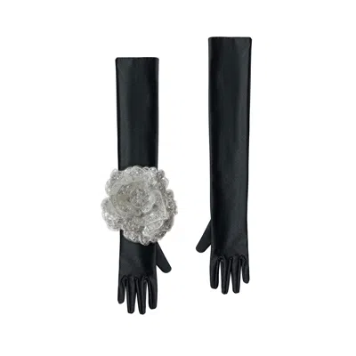 Toma Women's Black / White Black Evening Chic Gloves With White Sequin Rose In Multi