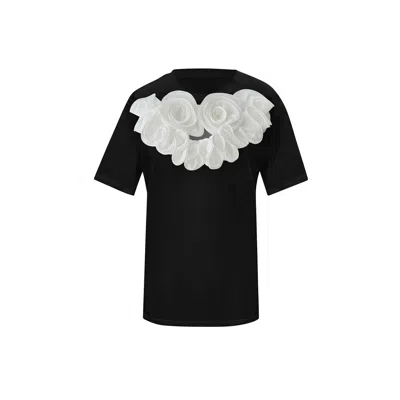 Toma Women's Black / White Flower Black Cotton T-shirt With White Chic Central Flowers