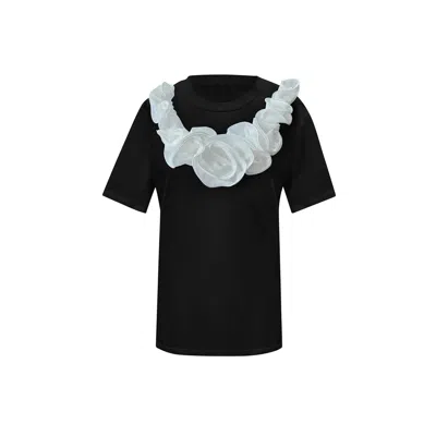 Toma Women's Black / White Flower Summer Black Cotton T-shirt With White Central Flowers