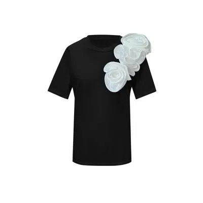 Toma Women's Black / White White Flower Summer Black Cotton T-shirt