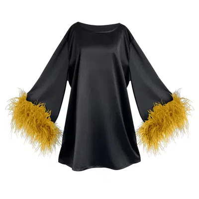 Toma Women's Black / Yellow Jess Mini Little Black Party Dress With Yellow Feathers