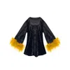 Toma Women's Black / Yellow Jess Mini Little Black Velvet Dress Yellow Feathers In Multi