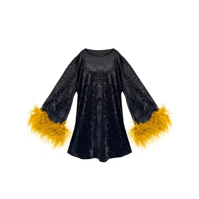 Toma Women's Black / Yellow Jess Mini Little Black Velvet Dress Yellow Feathers In Multi