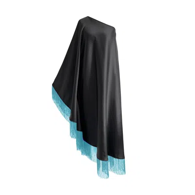 Toma Women's Blue / Black Baby Blue Fringe Off Shoulder Glam Black Midi Dress