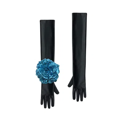 Toma Women's Blue / Black Black Evening Chic Gloves With Lake Blue Sequin Rose In Multi
