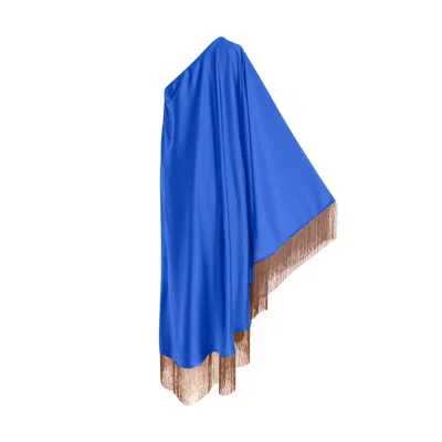 Toma Women's Blue / Brown Brown Fringe Off Shoulder Blue Summer Glam Maxi Dress In Multi