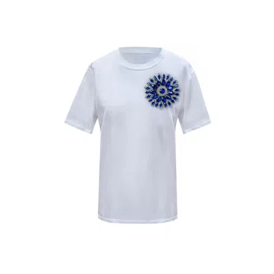 Toma Women's Blue / White Flower Summer White Cotton T-shirt With Blue Swarovski Crystals In Multi