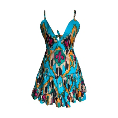 Toma Women's Blue / Yellow / Orange Mini Fun Beach Cotton Club Party Dress In Blue/yellow/orange