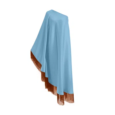 Toma Women's Brown / Blue Brown Fringe Off Shoulder Baby Blue Midi Dress In Multi