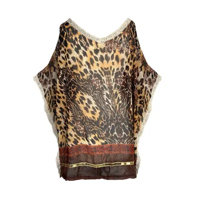 Toma Women's Brown / Gold Animal Print Safari Short Cover Up Kimono Poncho In Brown/gold