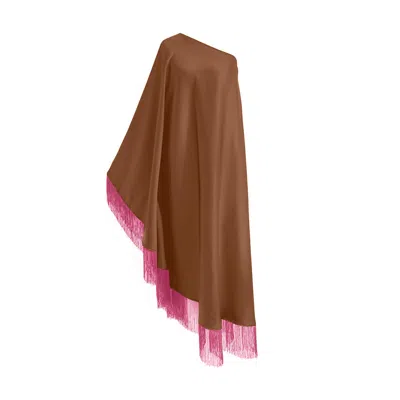 Toma Women's Brown / Pink Fuchsia Pink Fringe Off Shoulder Brown Glam Maxi Dress In Multi