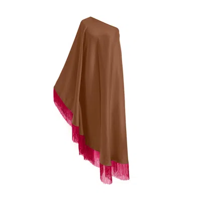 Toma Women's Brown / Pink Fuschia Fringe Off Shoulder Summer Glam Brown Maxi Dress In Multi