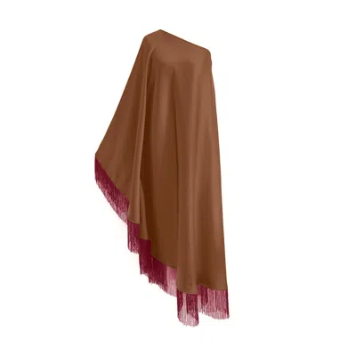 Toma Women's Brown / Pink Powder Pink Fringe Off Shoulder Summer Glam Brown Maxi Dress In Multi