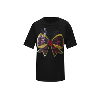 Toma Women's Christmas Black Reindeer Bow T-shirt