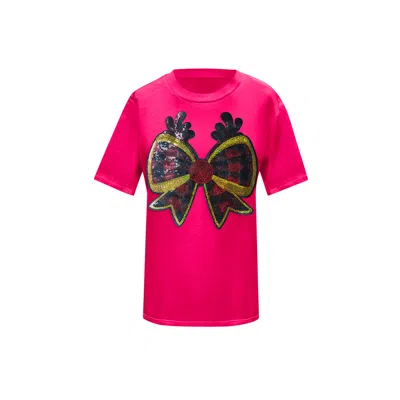Toma Women's Christmas Pink Reindeer Bow T-shirt