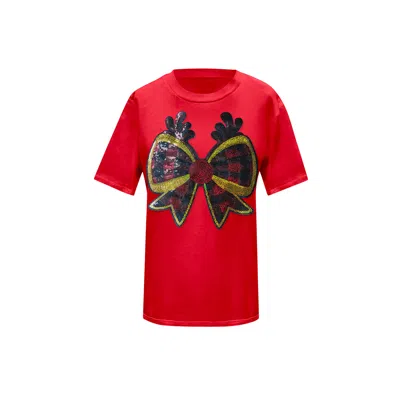 Toma Women's Christmas Red Reindeer Bow T-shirt
