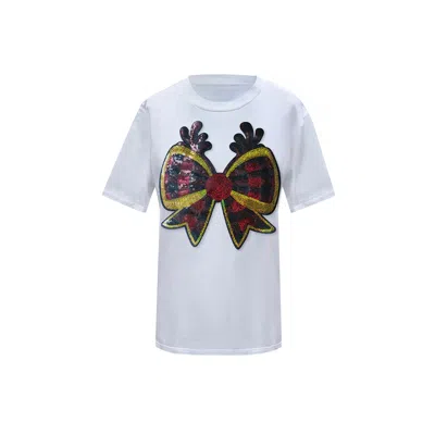 Toma Women's Christmas White Reindeer Bow T-shirt