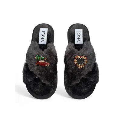 Toma Women's Classic  Faux Fur Open Toe Christmas Heart Black Slippers