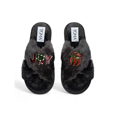 Toma Women's Classic  Faux Fur Open Toe Christmas Joy Black Slippers