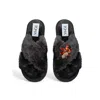 Toma Women's Classic  Faux Fur Open Toe Fish Rhinestone Black Slippers In Black
