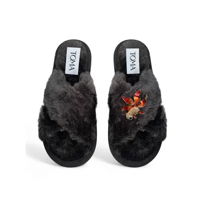 Toma Women's Classic  Faux Fur Open Toe Fish Rhinestone Black Slippers
