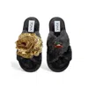 Toma Women's Classic  Faux Fur Open Toe Gold Sequin And Christmas Car Black Slippers In Black