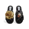 Toma Women's Classic  Faux Fur Open Toe Gold Sequin And Popcorn Black Slippers In Black